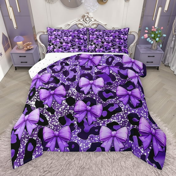 Manfei Cartoon Princess Bowknot Bedding Comforter Set for Teens, Black Purple Ribbon Twin Comforter Sets, Romantic Leopard Print Reversible Bedding Set, Breathable Home Decor, 2-Piece