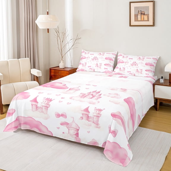 Manfei Cartoon Princess Castle Bed Sheets,Fairy Tale Theme King Sheets,Pink White Sheet Set For Girls,Super Cozy Room Decor,4pcs
