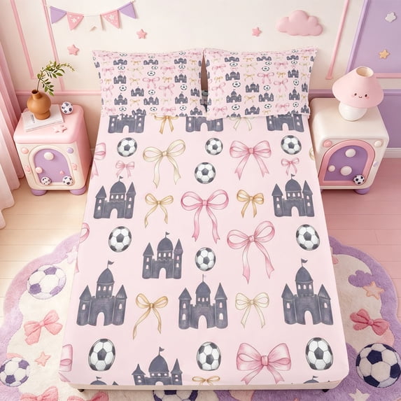 Manfei Cartoon Princess Castle Fitted Sheet Queen,Pink Kawaii Bowtie Bedding,3 Pieces,1 Fitted Sheet and 2 Pillowcases