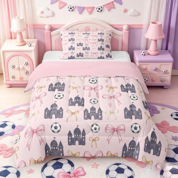 Manfei Cartoon Princess Castle Twin Comforter Sets,Pink Kawaii Bowtie Bedding Set,Pink Reversible,2pcs,1 Comforter and 1 Pillowcase