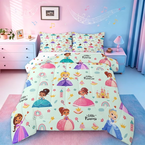 Manfei Cartoon Princess Girls Full Size Comforter Sets,Cute Magical Castle Bedding Comforter Set,Cartoon Girly Rainbow Bedding Sets For Kids,Super Cozy Room Decor Reversible,3pcs
