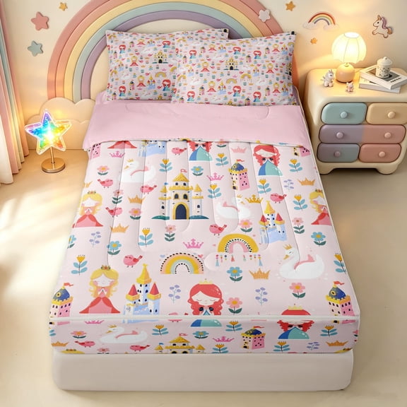 Manfei Cartoon Princess Zipper Queen Comforter Set with Fitted Sheet and 2 Pillowcases, Castle Swan Zipper Bedding Set, Pink, Pink Reversible, 4pcs