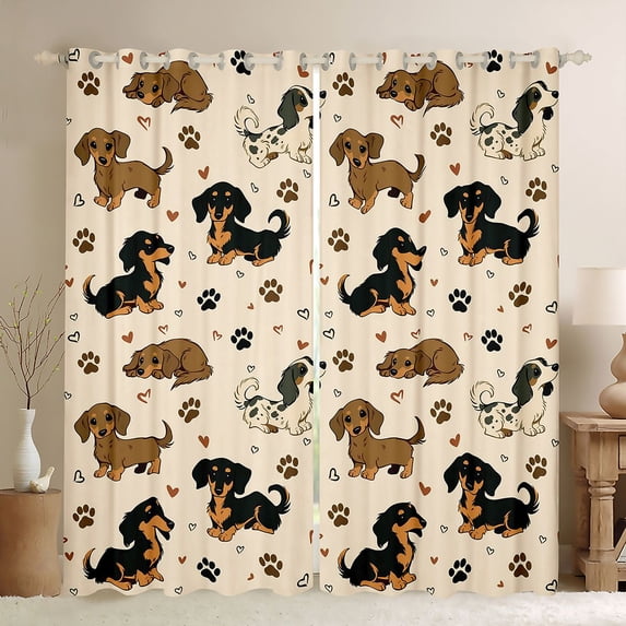 Manfei Cartoon Pug Blackout Curtains Set of 2 (38x54 Each), Dachshund Paw Print Living Room Curtains, Tan Brown
