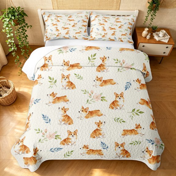 Manfei Cartoon Pug Corgi Bed Spread Queen, Autumn Leaf Botanical Queen Coverlet Set, Cream, 3 Pieces, 1 Quilt and 2 Pillowcases