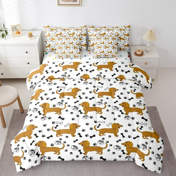 Manfei Cartoon Pug Dog Bedding Comforter Set 7-Piece, Kawaii Dachshund Animal King Bedding Sets, Teens Kids Child Reversible Bed Sheets, Breathable Home Decor