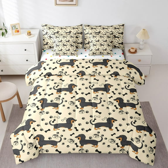 Manfei Cartoon Pug Dog Bedding Comforter Set 7pcs, Kawaii Dachshund Animal Queen Bedding Sets, Teens Kids Child Reversible Queen Sheet Sets, Ultra Soft Home Decor