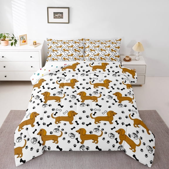 Manfei Cartoon Pug Dog Full Size Comforter Sets, Kawaii Dachshund Animal Bedding Comforter Set, Teens Kids Child Reversible Bedding Sets, Breathable Home Decor, 3pcs