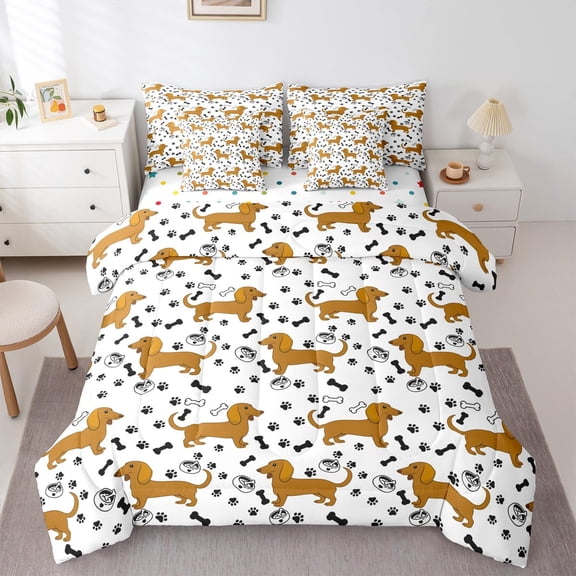 Manfei Cartoon Pug Dog Twin Bedding Sets 7-Piece, Kawaii Dachshund Animal Bedding Comforter Set, Teens Kids Child Reversible Sheet Sets, Breathable Home Decor