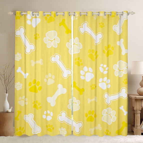 Manfei Cartoon Pug Paw Blackout Curtains, Dog Bone Silhouette Curtains Pack of 2 (42x84 Each), Yellow White