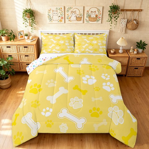 Manfei Cartoon Pug Paw Full Size Comforter Sets, Dog Bone Silhouette Bedding Comforter Set, Yellow White, Stars Reversible, 3 Pieces, 1 Comforter and 2 Pillowcases