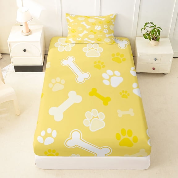 Manfei Cartoon Pug Paw Twin Fitted Sheet, Dog Bone Silhouette Bedding, Yellow White, 2 Pieces, 1 Fitted Sheet and 1 Pillowcase