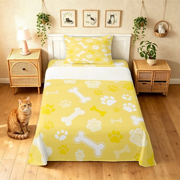 Manfei Cartoon Pug Paw Twin Sheets, Dog Bone Silhouette Bedding, Yellow White, 3 Pieces, 1 Flat Sheet, 1 Fitted Sheet and 1 Pillowcase