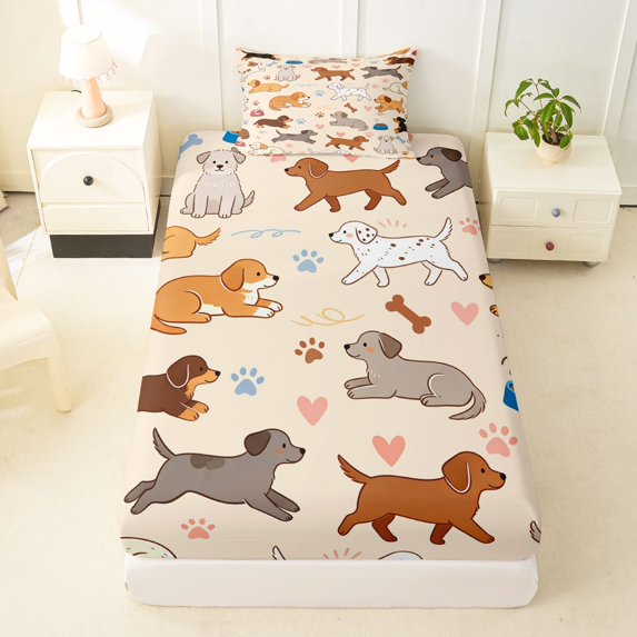 Manfei Cartoon Pug Twin Fitted Sheet, Dalmatian Dog Paw Bedding, Cream, 2-Piece, 1 Fitted Sheet and 1 Pillowcase