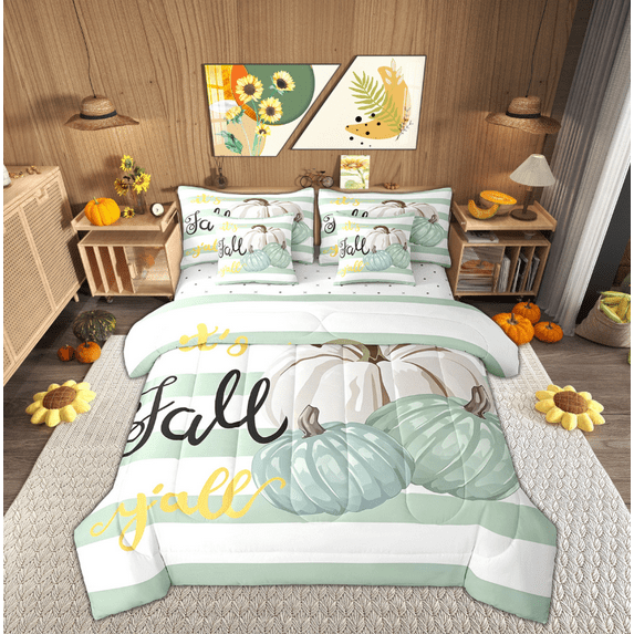 Manfei Cartoon Pumpkin Bedding Sets Twin Size, Fall Festival Bed in a Bag Twin size, Harvest Theme Reversible Comforter Sets with Sheets, Lightweight Room Decorative, 7 Pieces