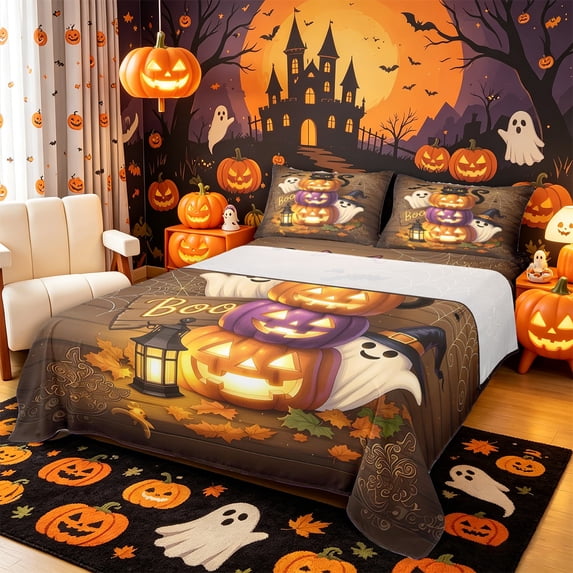 Manfei Cartoon Pumpkin King Sheets 4pcs, Kawaii Black Cat Ghost Happy Halloween Bedding, Orange Brown White,1 Fitted Sheet, 1 Flat Sheet and 2 Pillowcases