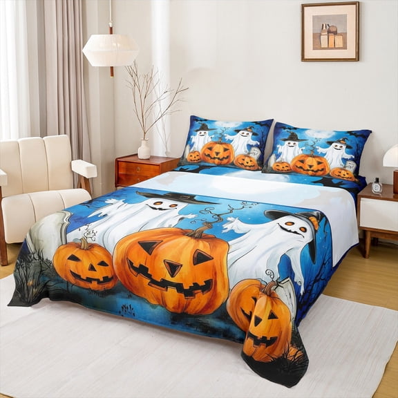 Manfei Cartoon Pumpkin Lantern Twin Sheet Sets,Spooky White Ghost Twin Fitted Sheet,Happy Halloween Flat Sheet For Child,Breathable Home Decor,3 Pieces