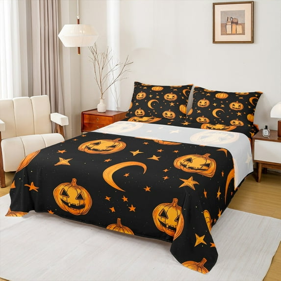 Manfei Cartoon Pumpkin Twin Sheet Sets for Kid, Mystic Stars Moon Twin Fitted Sheet, Black Orange Halloween Flat Sheet, Breathable Home Decor, 3pcs