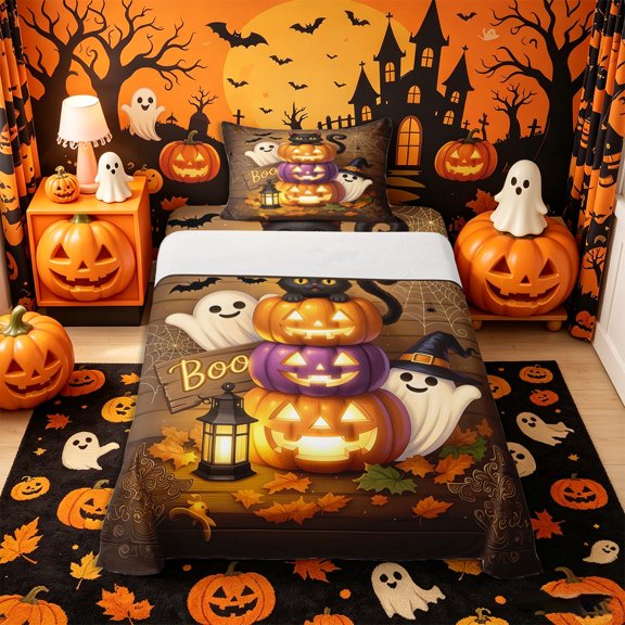 Manfei Cartoon Pumpkin Twin Sheets 3pcs, Kawaii Black Cat Ghost Happy Halloween Bedding, Orange Brown White,1 Fitted Sheet, 1 Flat Sheet and 1 Pillowcase