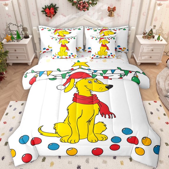 Manfei Cartoon Puppy Dog 7pcs Bedding Comforter Set,Colorful Circle Dots Queen Bedding Sets,Yellow Pet Animal Queen Sheet Sets For Teens,Luxury Bedroom Decor Reversible