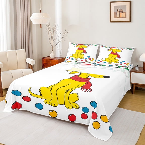 Manfei Cartoon Puppy Dog Twin Sheet Sets,Colorful Circle Dots Twin Fitted Sheet,Yellow Pet Animal Flat Sheet For Teens,Luxury Bedroom Decor,3-Piece