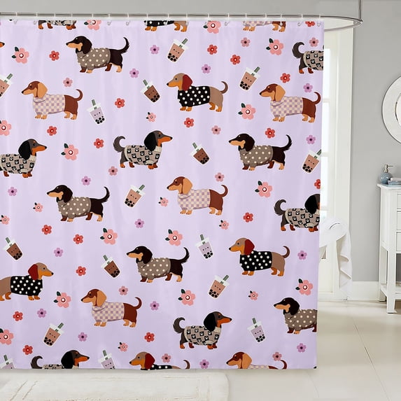 Manfei Cartoon Puppy Shower Curtain 72Wx72L, Dachshund Pet Animal Bathroom Curtain, Lavender