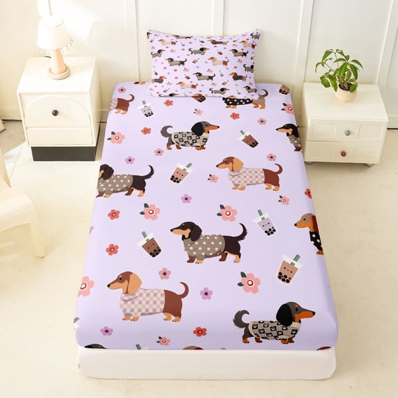 Manfei Cartoon Puppy Twin Fitted Sheet, Dachshund Pet Animal Bedding, Lavender, 2pcs, 1 Fitted Sheet and 1 Pillowcase