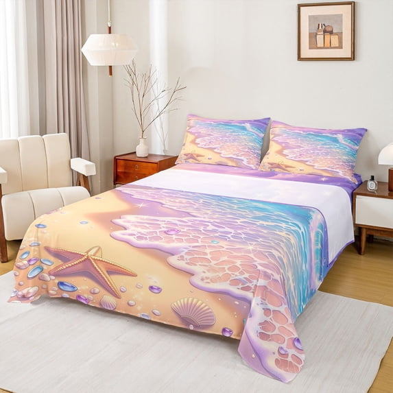 Manfei Cartoon Purple Beach Starfish Seashell Wave Queen Sheet Sets for Girls, Coastal Ocean Print Bed Set 4pcs, 1 Flat Sheet, 1 Fitted Sheet and 2 Pillowcases