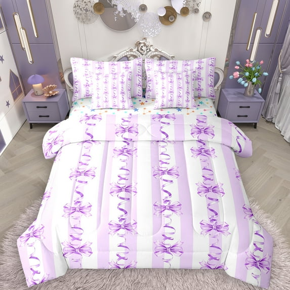 Manfei Cartoon Purple Bow 7-Piece Twin Bedding Sets for Kids, Kawaii Princess Ribbon Bedding Comforter Set, Stripes Abstract Reversible Sheet Sets, Lightweight Room Decor