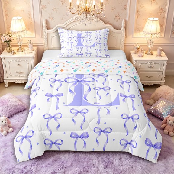 Manfei Cartoon Purple Bow Letter L Monogrammed Twin Comforter Sets 3-Piece for Girls Teens,Polka Dots Cute Alphabet Bedding Set for Kids,Breathable Home Decor