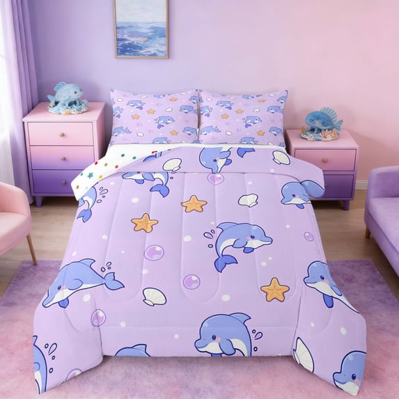 Manfei Cartoon Purple Dolphin Starfish Seashell Queen Comforter Set for Kids Boys and Girls, Marine Life Print Bedding Comforter Set, Polka Dots Reversible 3-Piece, 1 Comforter and 2 Pillowcases
