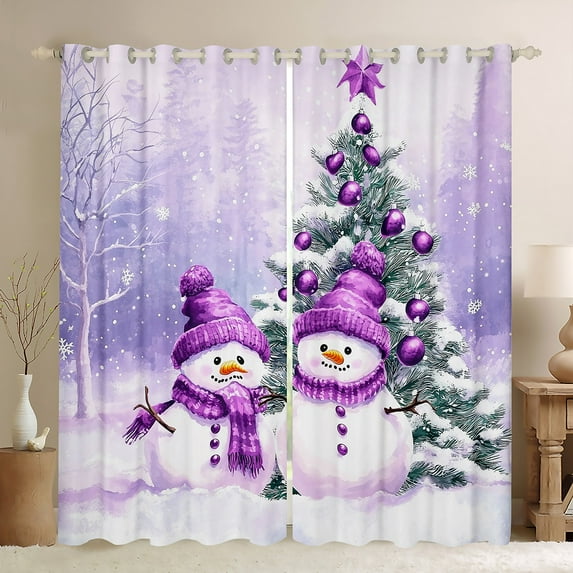 Manfei Cartoon Purple Snowman Curtains Pack of 2 (42x84 Each) for Child, Kawaii Xmas Tree Curtains Blackout, Christmas Snowflake Print Bedroom Curtains, Curtains and Drapes Room Decor
