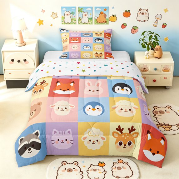 Manfei Cartoon Rabbit Fox Twin Comforter Sets, Kawaii Buffalo Animal Bedding Set, Multicolor, Polkadot Reversible, 2-Piece, 1 Comforter and 1 Pillowcase
