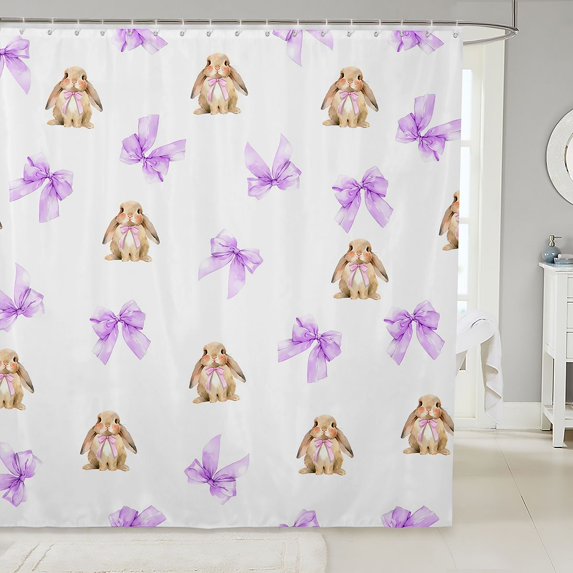 Manfei Cartoon Rabbit Shower Curtain 72Wx78L,Cute Coquette Bowknot Bath Curtain