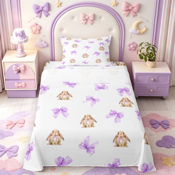 Manfei Cartoon Rabbit Twin Sheets,Cute Coquette Bowknot Bedding,3 Pieces,1 Flat Sheet,1 Fitted Sheet and 1 Pillowcase