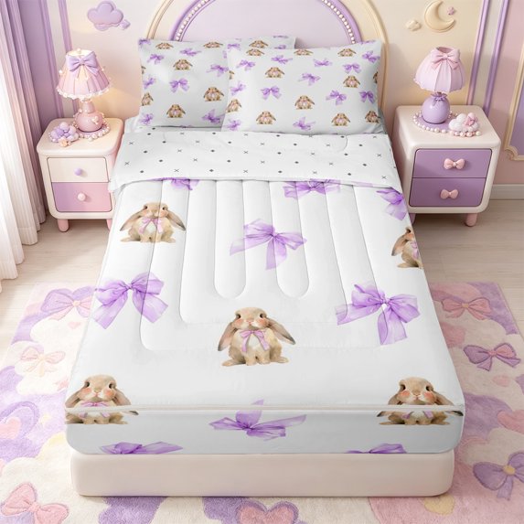 Manfei Cartoon Rabbit Zipper Full Size Comforter Sets with Fitted Sheet and 2 Pillowcases,Cute Coquette Bowknot Zipper Bedding Set,Reversible,4pcs