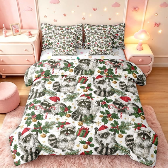 Manfei Cartoon Raccoon Animals 7-Piece Twin Bedding,Christmas Santa Hat Bedding Comforter Set,Gray Green,Christmas Reversible