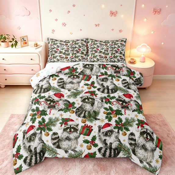 Manfei Cartoon Raccoon Animals Queen Comforter Set,Christmas Santa Hat Comforter Sets Queen,Gray Green,Christmas Reversible,3 Pieces,1 Comforter and 2 Pillowcases