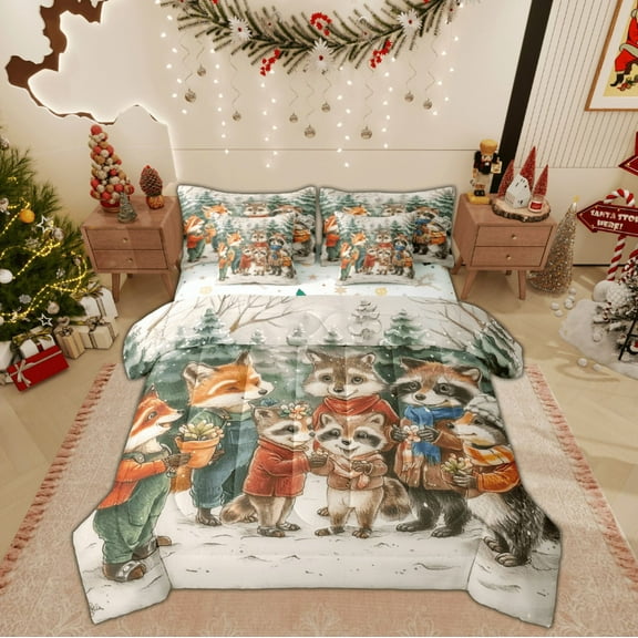 Manfei Cartoon Raccoon Twin Bedding Sets 7-Piece for Teens, Vintage Fairy Tale Animal Bedding Comforter Set, Western Christmas Reversible Sheet Sets, Luxury Bedroom Decor