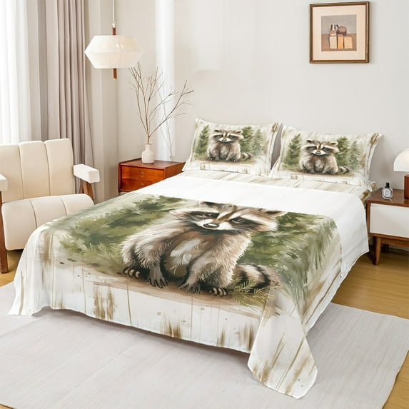 Manfei Cartoon Raccoon Twin Sheet Sets for Kids, Watercolor Jungle Wildlife Twin Fitted Sheet, Green Pine Tree Flat Sheet, Breathable Home Decor 3 Pieces