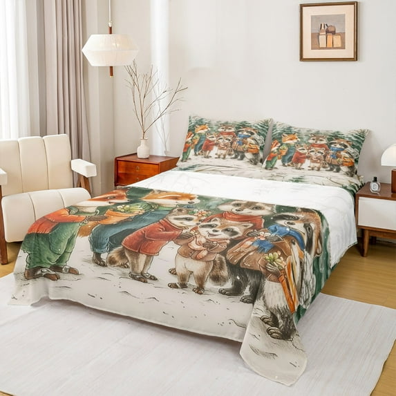 Manfei Cartoon Raccoon Twin Sheet Sets for Teens, Vintage Fairy Tale Animal Twin Fitted Sheet, Western Christmas Flat Sheet, Luxury Bedroom Decor, 3 Pieces