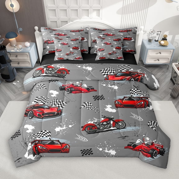 Manfei Cartoon Race Car 7-Piece Twin Bedding Sets for Kids, Grey Buffalo Plaid Bedding Comforter Set, Modern Extreme Sports Reversible Sheet Sets, Luxury Bedroom Decor