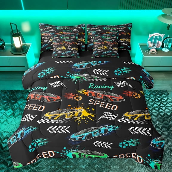 Manfei Cartoon Race Car Bedding Comforter Set 7 Pieces for Teens, Automobile Sports Full Bedding Set, Checkered Flag Reversible Fitted Sheet Flat Sheet, Breathable Home Decor