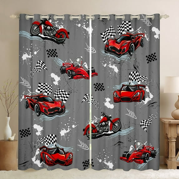 Manfei Cartoon Race Car Black Out Curtains for Kids, Grey Buffalo Plaid Curtains Pack of 2 (42x63 Each), Modern Extreme Sports Bedroom Curtains, Window Curtains Bedroom Decor