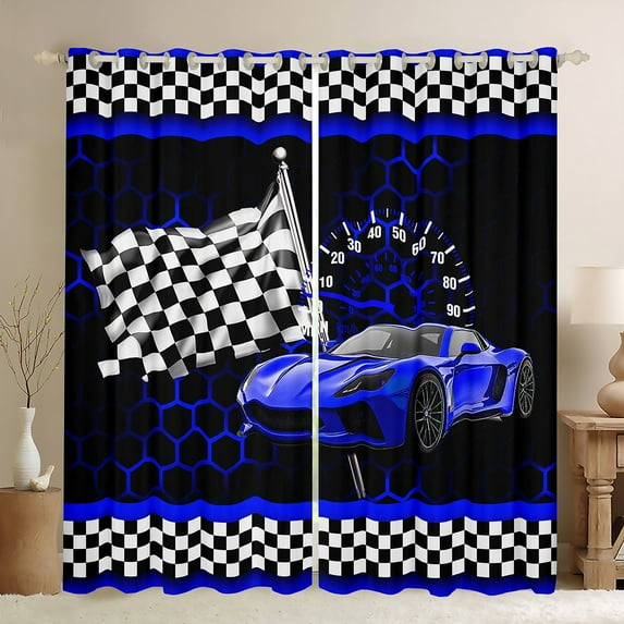 Manfei Cartoon Race Car Curtains Pack of 2 (42x84 Each) for Kids, Blue Honeycomb Buffalo Plaid Curtains Blackout, Modern Extreme Sports Bedroom Curtains, Window Curtains Bedroom Decor