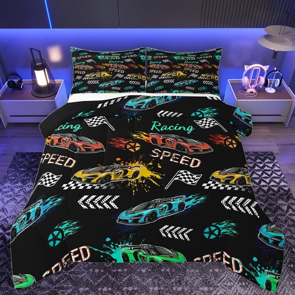 Manfei Cartoon Race Car Full Size Comforter Sets for Teens, Automobile Sports Bedding Comforter Set, Checkered Flag Reversible Bedding Sets, Breathable Home Decor, 3 Pieces