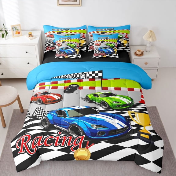 Manfei Cartoon Race Cars 7-Piece Twin Bedding,Checkered Flag Bedding Comforter Set,Blue Green,Black Reversible