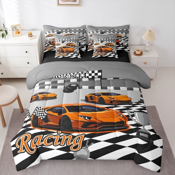 Manfei Cartoon Racing Cars 7-Piece Twin Bedding,Checkered Flag Bedding Comforter Set,Orange,Black Reversible