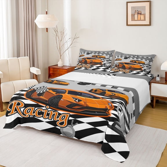 Manfei Cartoon Racing Cars Bed Sheets,Checkered Flag Full Size Sheets,Orange,4pcs,1 Flat Sheet, 1 Fitted Sheet and 2 Pillowcases