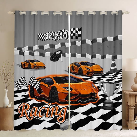 Manfei Cartoon Racing Cars Blackout Curtains,Checkered Flag Curtains Pack of 2 (42x84 Each),Orange