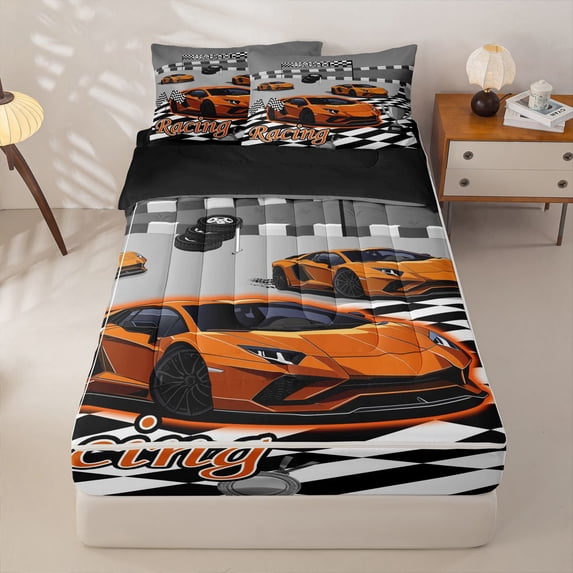 Manfei Cartoon Racing Cars Zipper Full Size Comforter Sets with Fitted Sheet and 2 Pillowcases,Checkered Flag Zipper Bedding Set,Orange,Black Reversible,4pcs